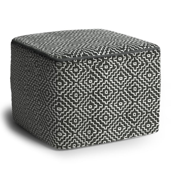 Simpli Home Briella 18 inch Wide Boho Square Pouf in Grey and White PET Woven Polyester