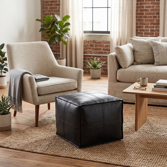Simpli Home Brody 18 inch Wide Boho Square Pouf in Black Vegan Faux Leather