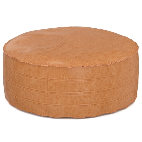 Simpli Home Brody 32 inch Wide Boho Round Coffee Table Pouf in Distressed Brown Vegan Leather