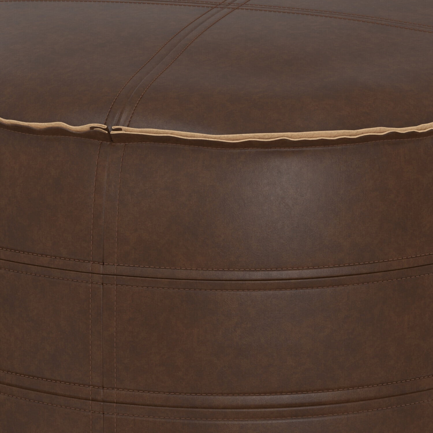 Brody Distressed Dark Brown Faux Leather Round Pouf, 20"