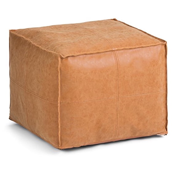Simpli Home Brody 18 inch Wide Boho Square Pouf in Distressed Brown Vegan Faux Leather