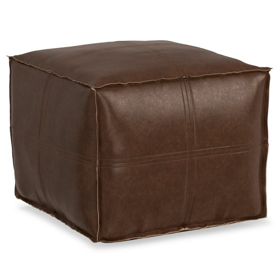 Simpli Home Brody 18 inch Wide Boho Square Pouf in Distressed Dark Brown Vegan Faux Leather