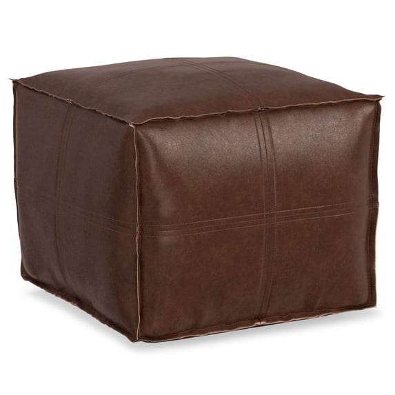 Simpli Home Simpli Home Brody 18 inch Wide Boho Square Pouf in Distressed Dark Brown Vegan Faux Leather