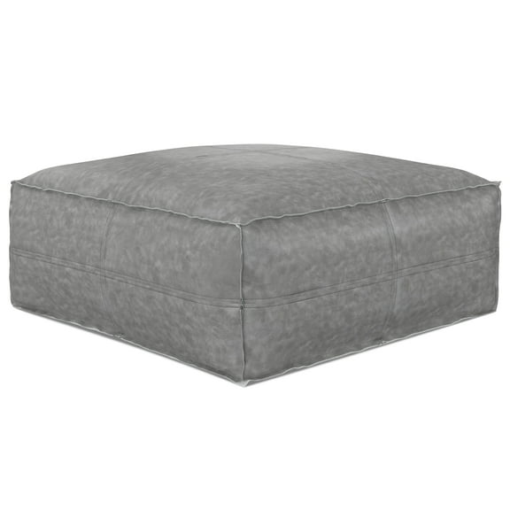 Simpli Home Brody Boho Square Pouf in Distressed Grey Vegan Faux Leather