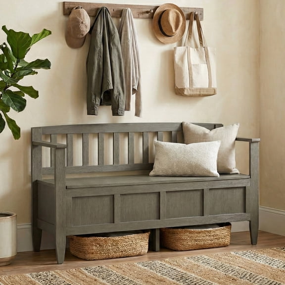 Simpli Home Brooklyn 48 inch Wide Solid Wood Entryway Storage Bench, Aged Grey