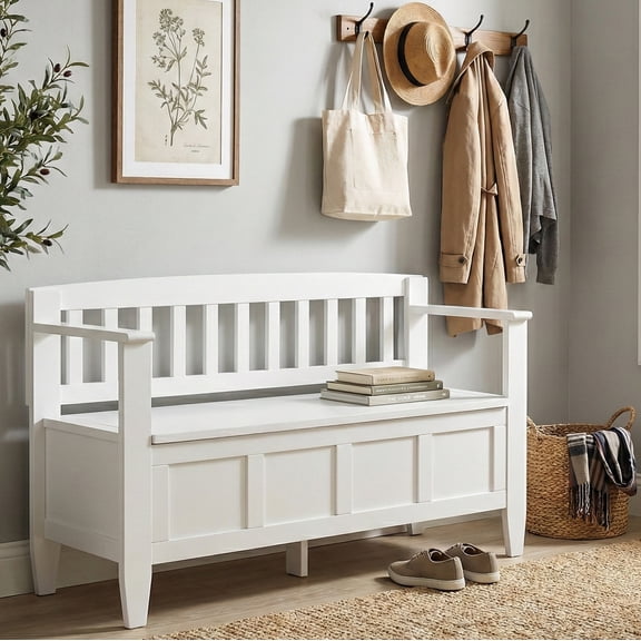 Simpli Home Brooklyn 48 inch Wide Solid Wood Entryway Storage Bench, Chantilly White
