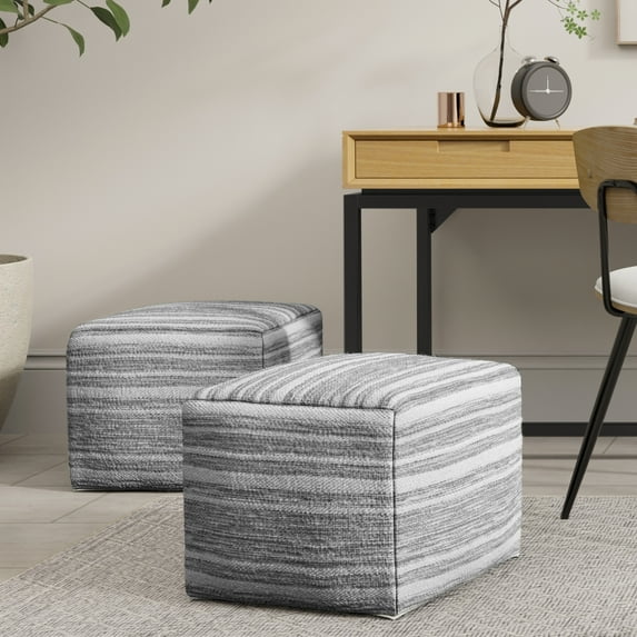 Simpli Home Carina Contemporary Square Square Woven Pouf in Black Melange, White
