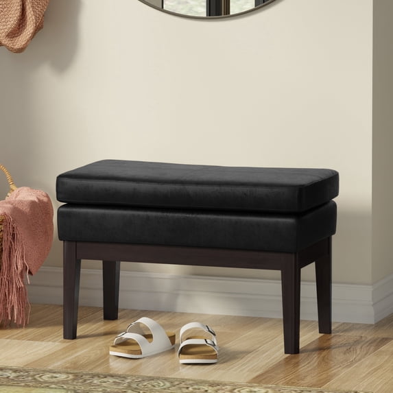 Carlson 27 inch Wide Mid Century Small Ottoman Bench in Distressed Black Vegan Faux Leather