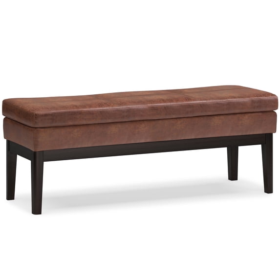 Simpli Home Carlson 45-inch-Wide Mid-Century Ottoman Bench in Distressed Saddle Brown Pinewood, Foam, Rubberwood