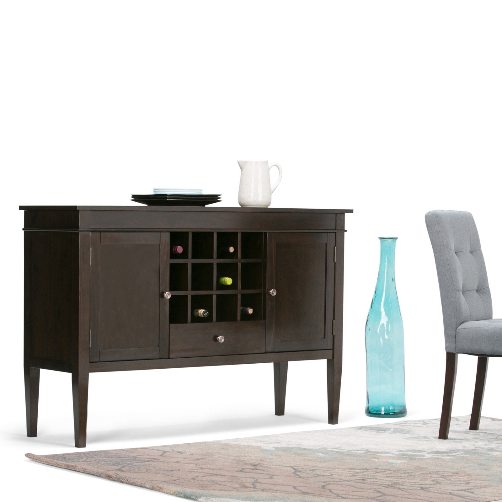 Dark Brown Wood Sideboard Buffet with Wine Rack