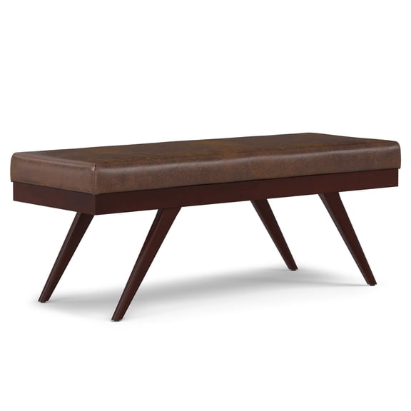 Simpli Home Chanelle 48 inch Wide Mid Century Modern Rectangle Ottoman Bench in Distressed Chestnut Brown Vegan Faux Leather