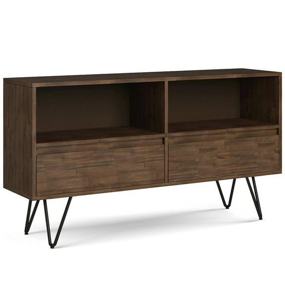 Simpli Home Chase Modern Industrial Low Bookcase in Rustic Natural Aged Brown