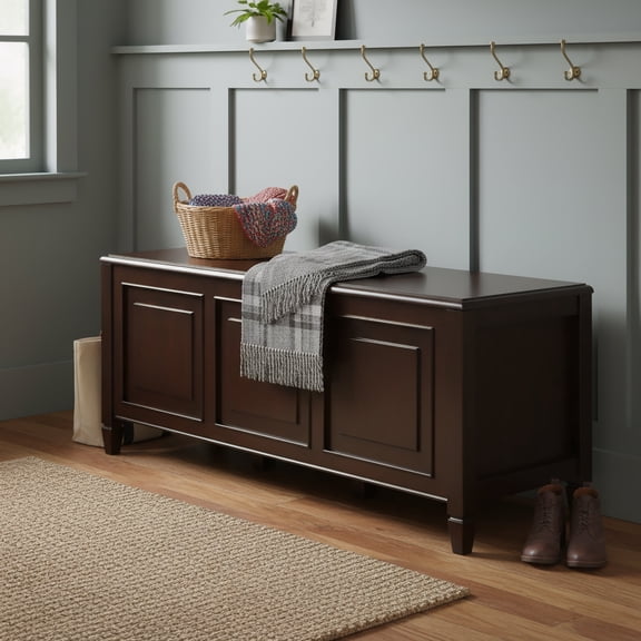 Simpli Home Connaught 51 inch Wide Solid Wood Storage Bench Trunk, Dark Kona Brown