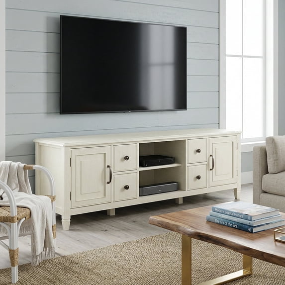 Simpli Home Connaught 72 inch Wide Solid Wood TV Stand in Antique White For TVs up to 80 inches