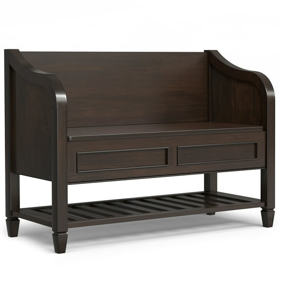 Simpli Home Connaught SOLID WOOD 42 inch Wide Traditional Entryway Storage Bench with Shelf in Chestnut Brown