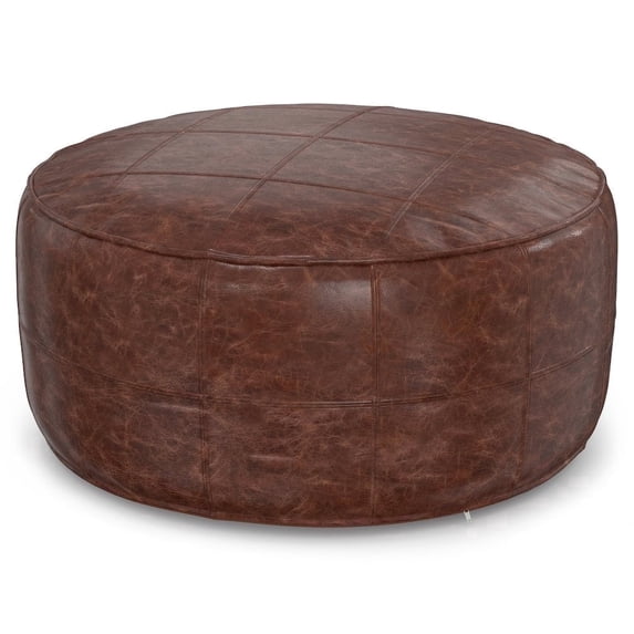 Simpli Home Connor 34 inch Wide Boho Round Coffee Table Pouf in Distressed Brown Genuine Leather