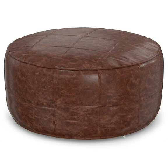 Simpli Home Connor Boho Round 34 inch Round Coffee Table Pouf in Distressed Brown Genuine Leather