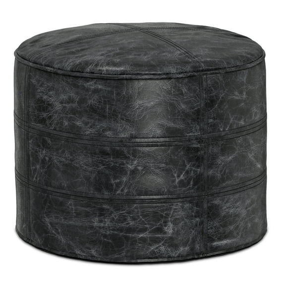 Simpli Home Connor Boho Round Pouf in Distressed Black Genuine Leather