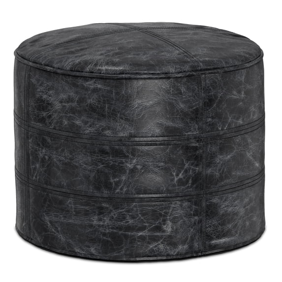 Simpli Home Connor 18 inch Wide Boho Round Pouf in Distressed Black Genuine Leather