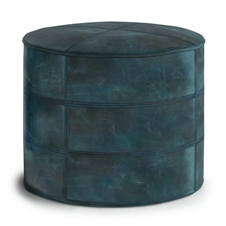 Simpli Home - Connor Round Pouf - Distressed Teal Blue