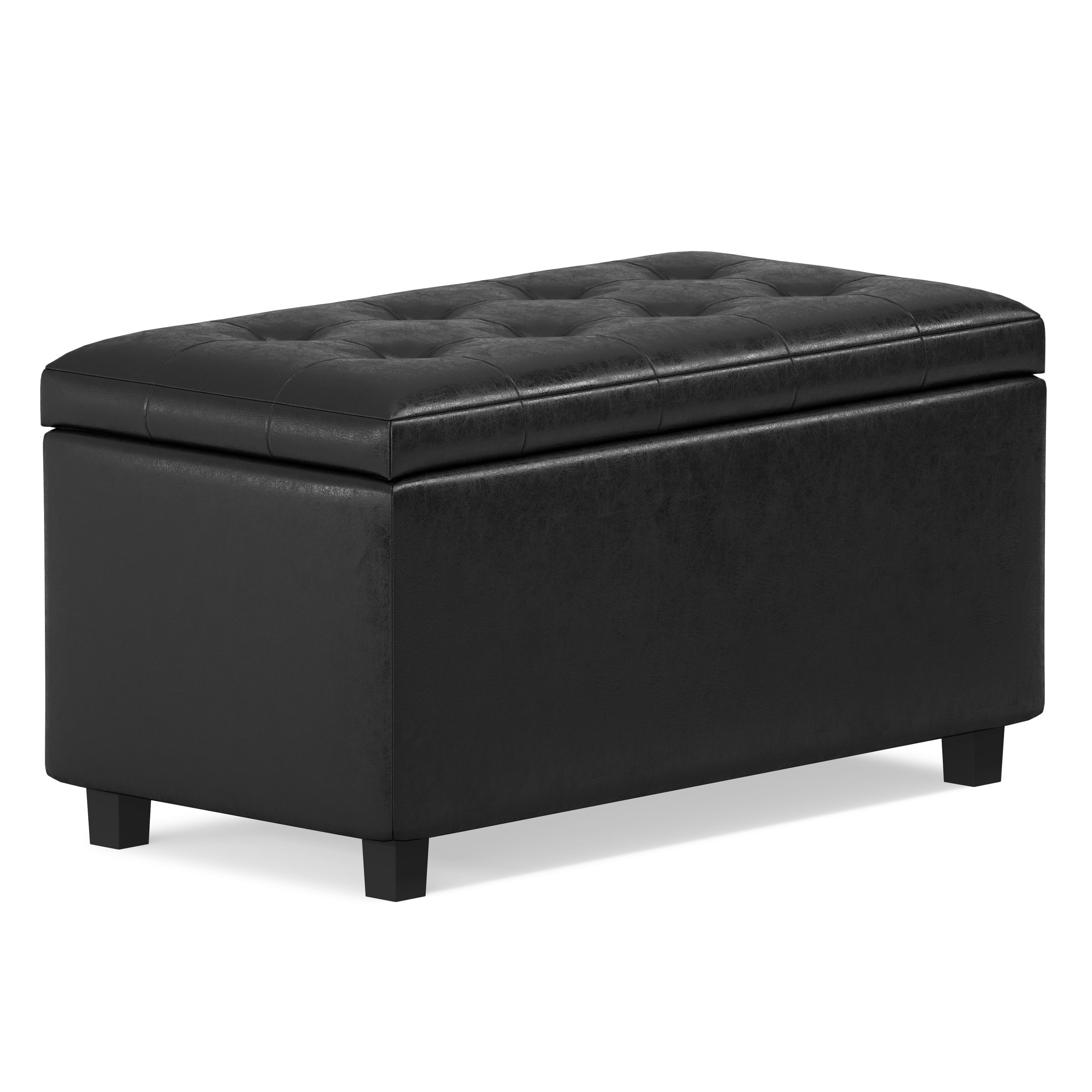 Simpli Home Cosmopolitan 34" Transitional Rectangle Ottoman in Black Faux Leather