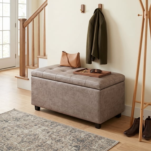 Cosmopolitan 34" Transitional Rectangle Ottoman in Gray Taupe Faux Leather