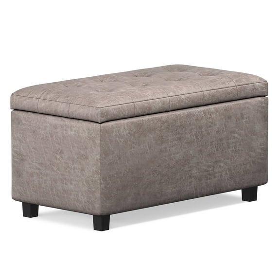 Cosmopolitan 34 inch Wide Storage Ottoman in Distressed Grey Taupe Vegan Leather