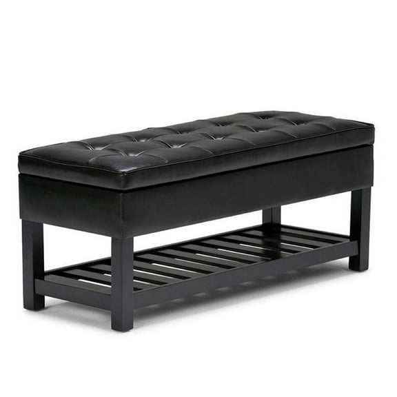 Simpli Home Cosmopolitan 44" Transitional Ottoman Bench in Black Faux Leather