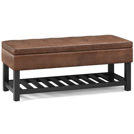 Simpli Home - Cosmopolitan 44 inch Wide Traditional Rectangle Storage Ottoman Bench with Open Bottom in Faux Leather - Distressed Black