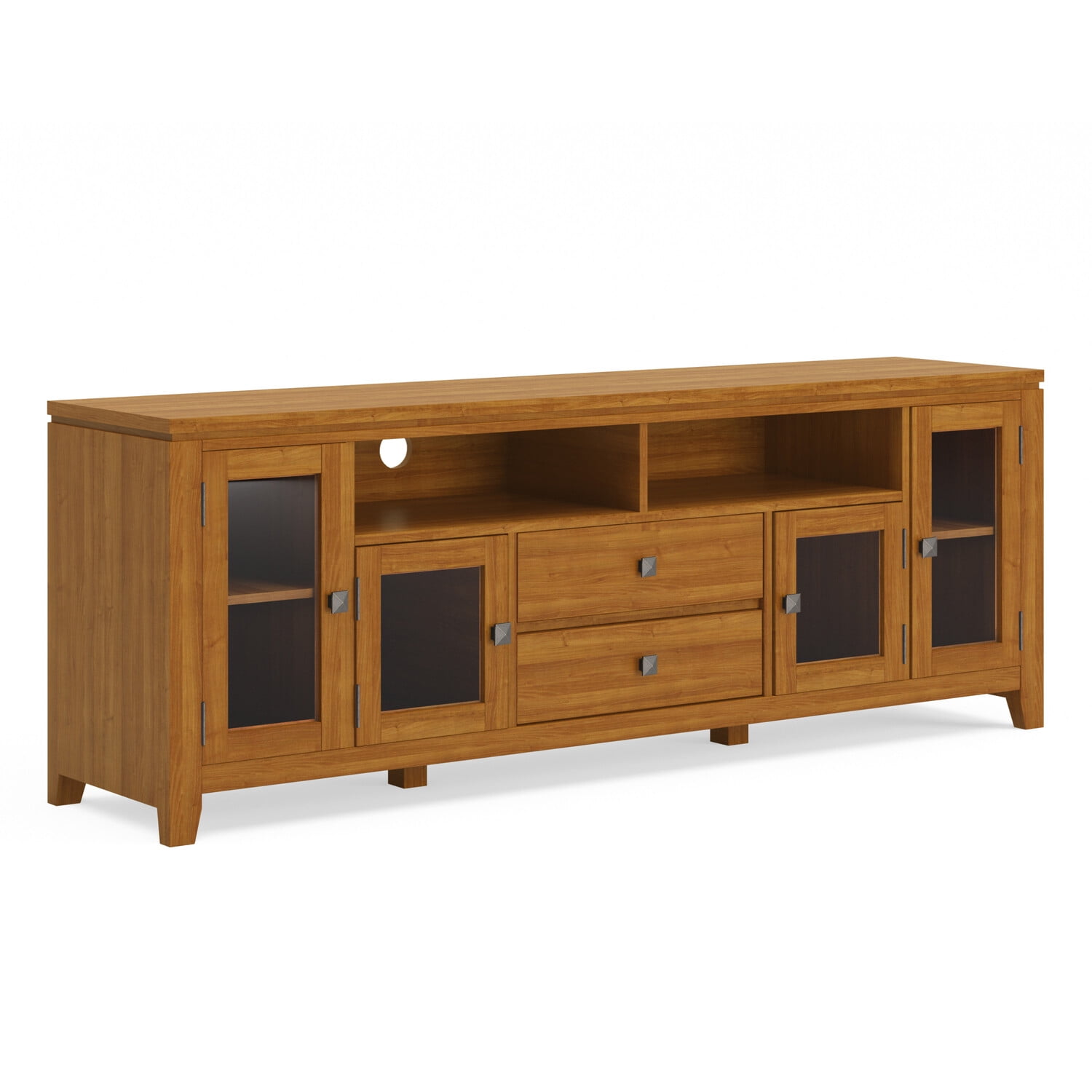 Transitional Solid Pine TV Stand in Light Golden Brown with Storage