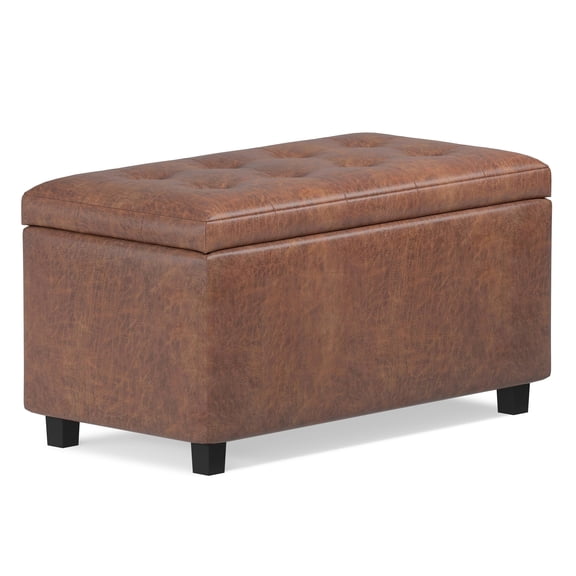 Cosmopolitan 34 inch Wide Storage Ottoman in Distressed Saddle Brown Vegan Leather