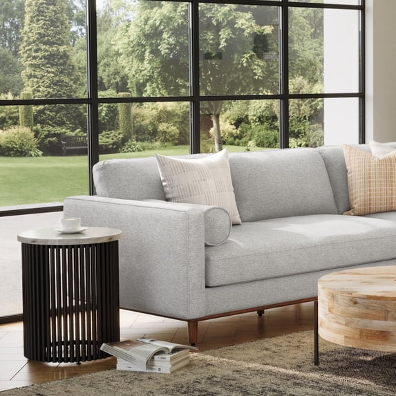 Demy 18 inch Industrial Metal Accent Table in White Genuine Marble & Black Metal, Assembled