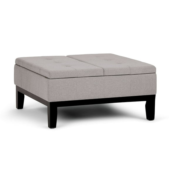 Simpli Home Dover 36 inch Wide Contemporary Square Coffee Table Storage Ottoman in Cloud Grey Linen Look Fabric