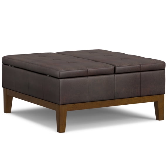 Simpli Home Dover 36 inch Wide Contemporary Square Lift Top Coffee Table Storage Ottoman in Distressed Brown Vegan Faux Leather, Assembled
