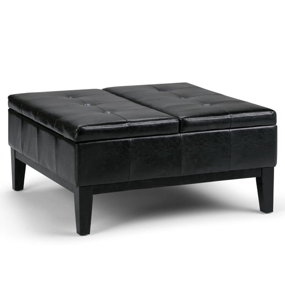 Dover 36 inch Wide Contemporary Square Coffee Table Storage Ottoman in Midnight Black Vegan Leather