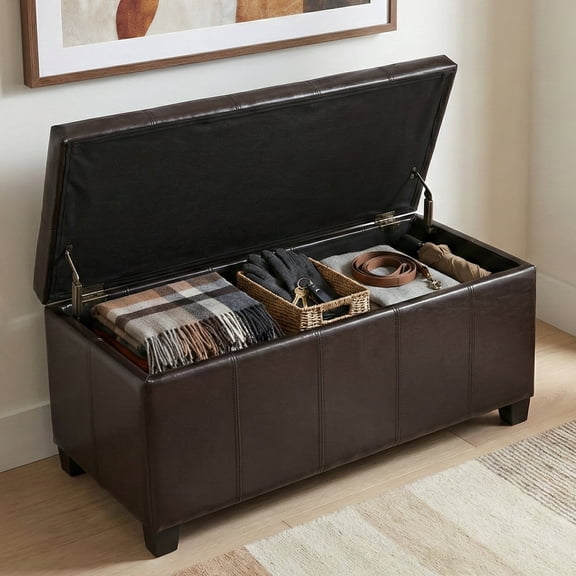 Dover 36 inch Wide Contemporary Storage Ottoman Bench in Tanners Brown Vegan Leather