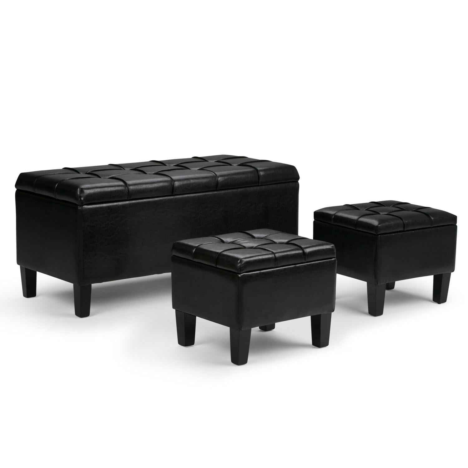 Dover Midnight Black Faux Leather 3-Piece Storage Ottoman Set