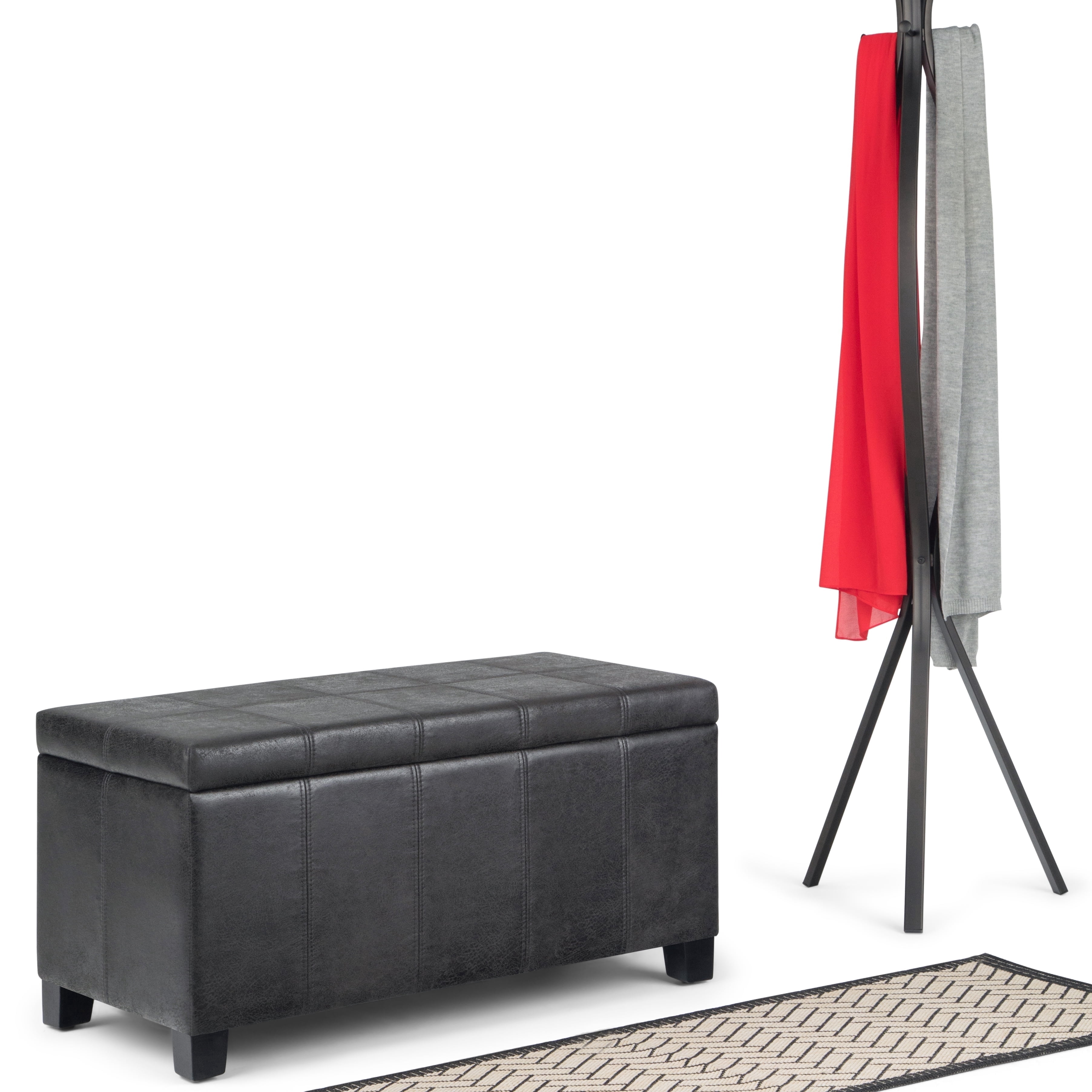 Dover 36 inch Wide Contemporary Storage Ottoman Bench in Distressed Black Vegan Leather