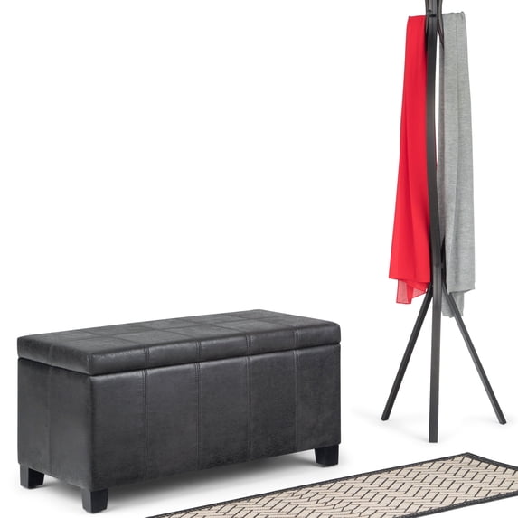 Dover 36 inch Wide Contemporary Storage Ottoman Bench in Distressed Black Vegan Leather