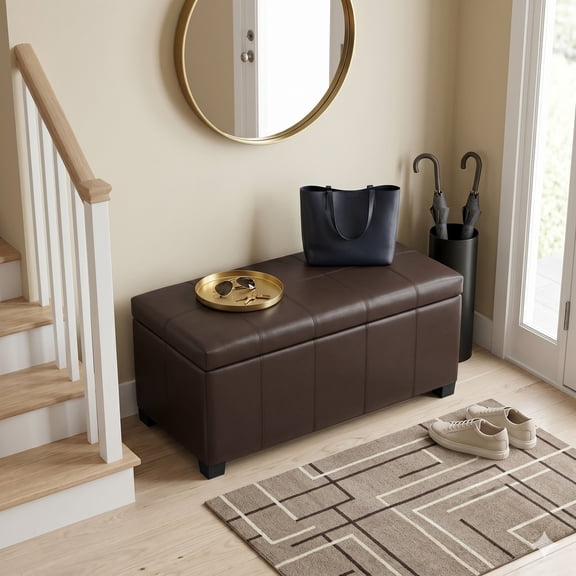 Simpli Home Dover Faux Leather Storage Bench in Chocolate Brown