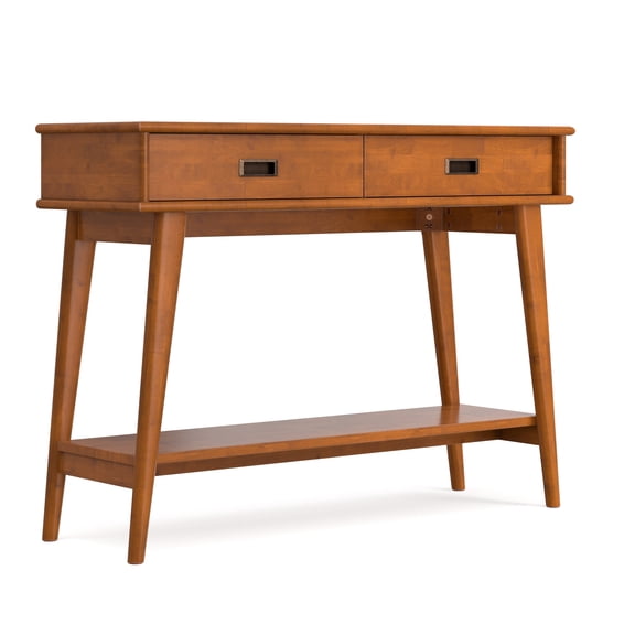 Simpli Home Draper 42 inch Wide Solid Wood Mid Century Modern Console Table in Teak Brown
