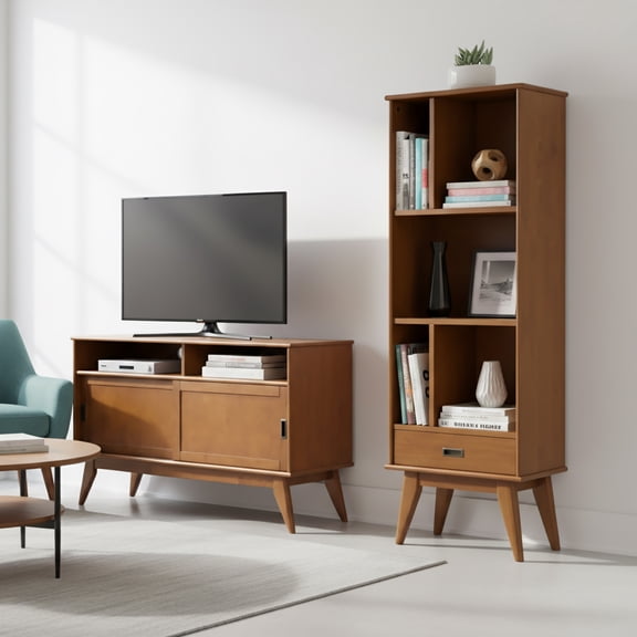 Simpli Home Draper 64 inch Tall Solid Wood Bookcase and Storage Unit, Tawny Brown Teak