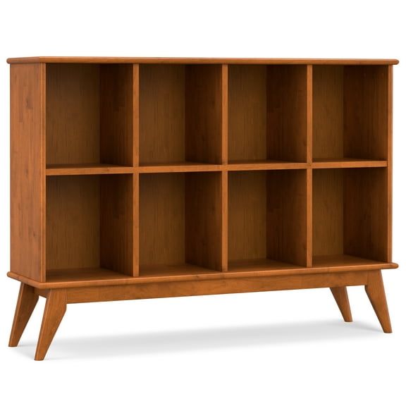 Simpli Home Draper SOLID HARDWOOD 57 inch Wide Mid Century Modern 8 Cube Storage Sofa Table in Teak Brown