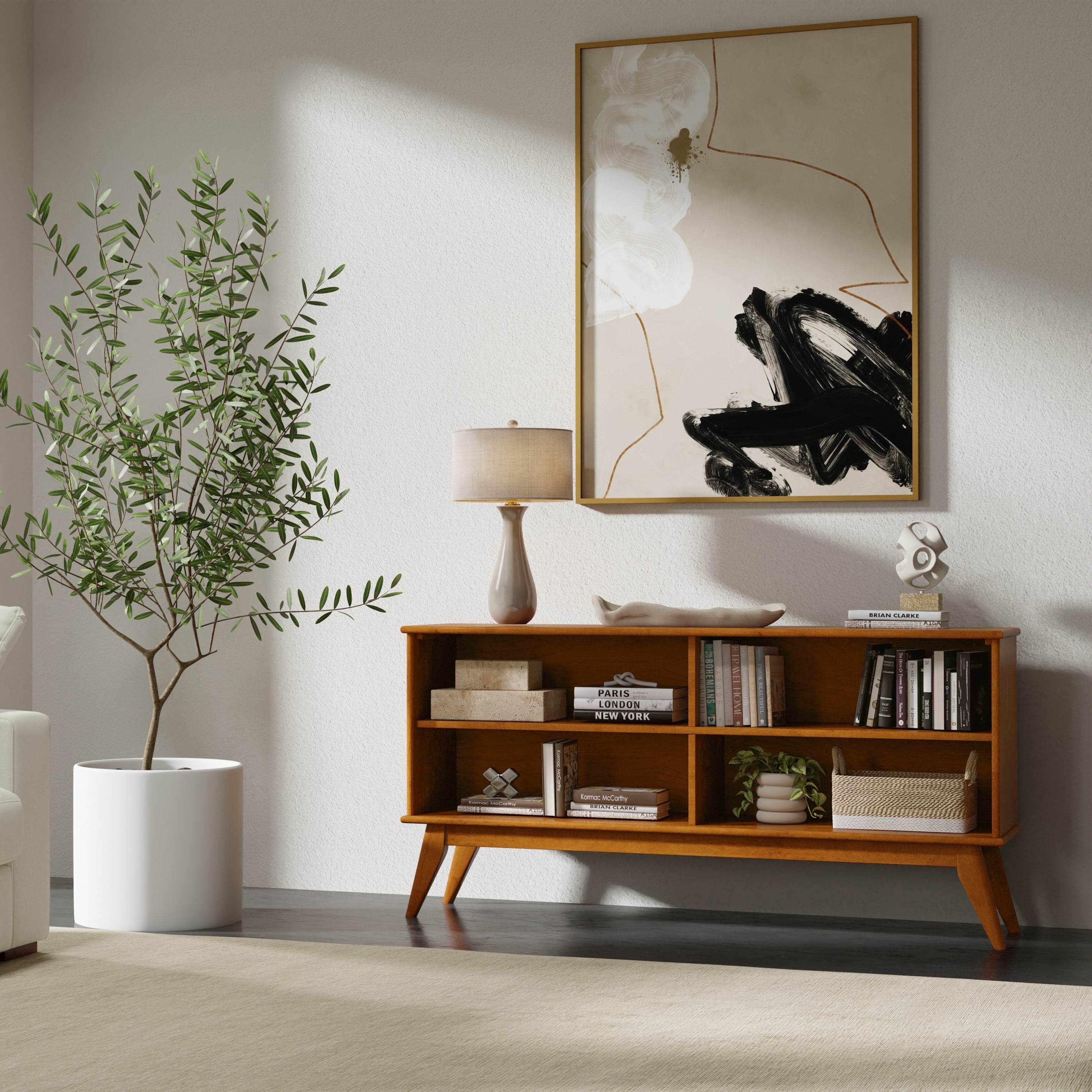 Teak Brown Lacquered Rubberwood Mid-Century Modern 4-Shelf Bookcase
