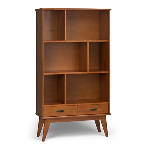 Simpli Home Draper SOLID HARDWOOD 64 inch x 35 inch Mid Century Modern Wide Bookcase and Storage Unit in Teak Brown