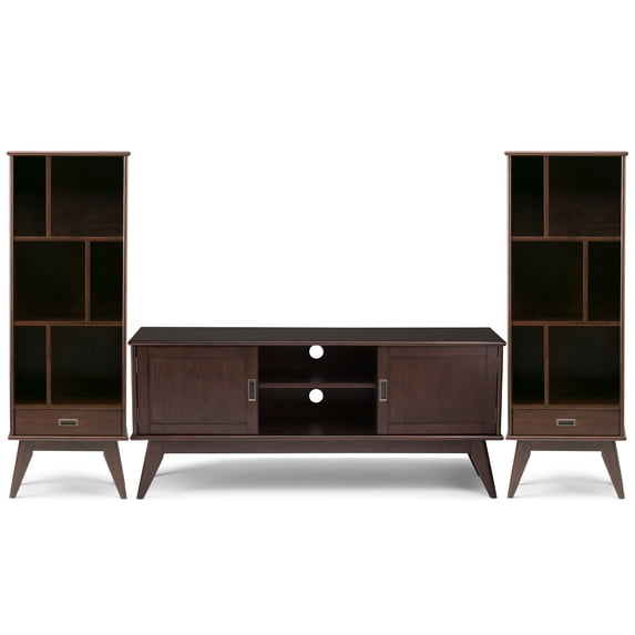 Draper Solid Wood Mid Century Modern 60 inch Wide TV Stand with Two 22 inch Wide Bookcases in Medium Auburn Brown (Set of 3)