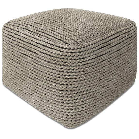 Simpli Home Eastmont 18 inch Wide Boho Square Pouf in Cream Handwoven PET Polyester