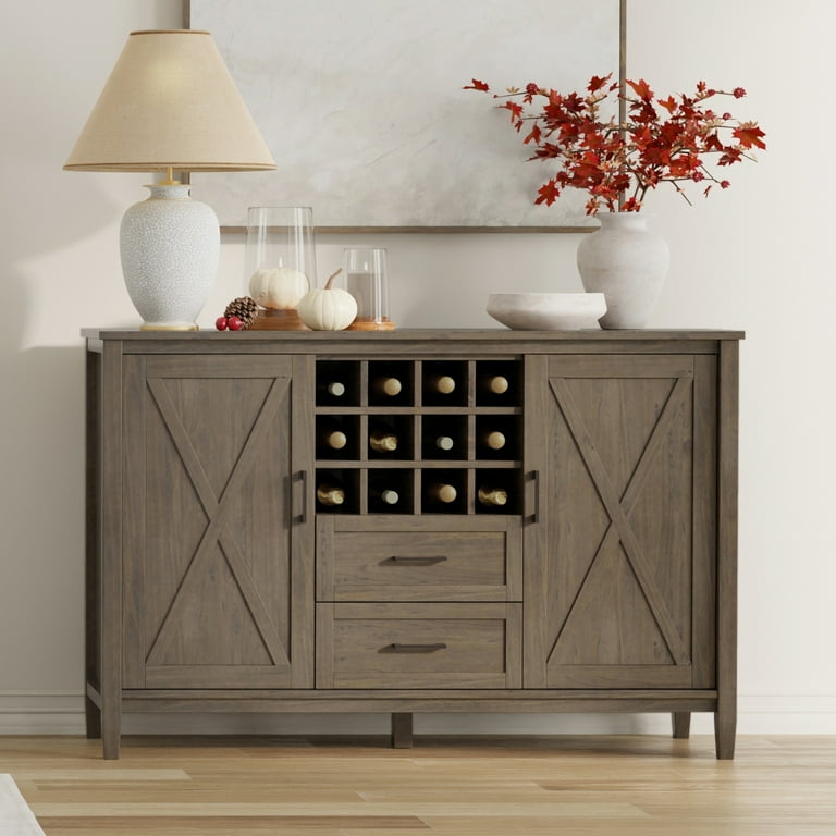 Simpli Home Ela SOLID WOOD 54 inch Wide Transitional Sideboard with Wine Storage in Smoky Brown