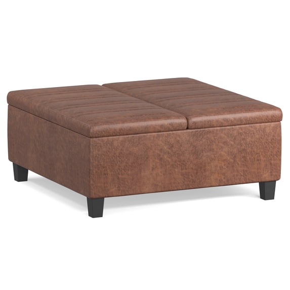 Ellis 36 inch Wide Contemporary Square Coffee Table Storage Ottoman in Distressed Saddle Brown Vegan Leather