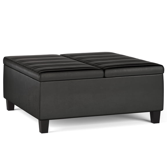 Ellis 36 inch Wide Contemporary Square Coffee Table Storage Ottoman in Distressed Black Vegan Leather